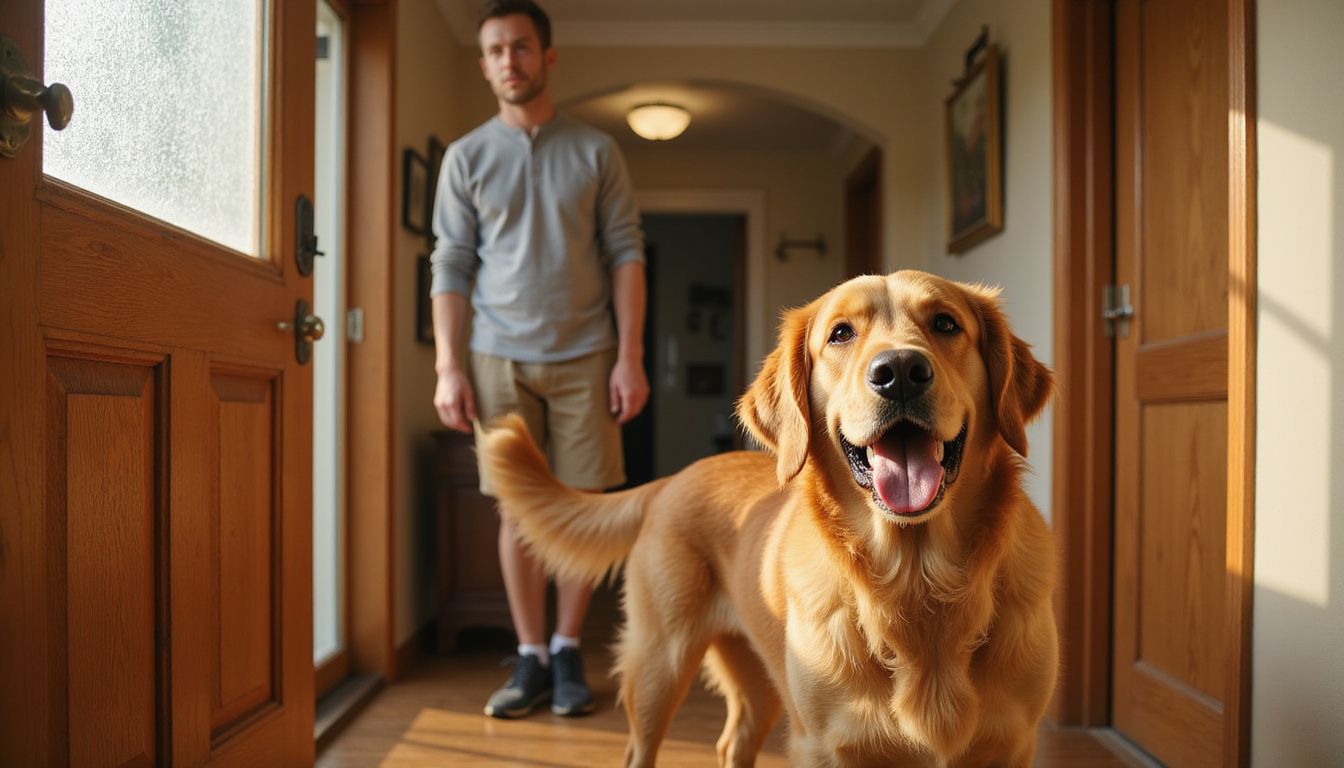 A golden retriever barks alertly beside a weathered front door.