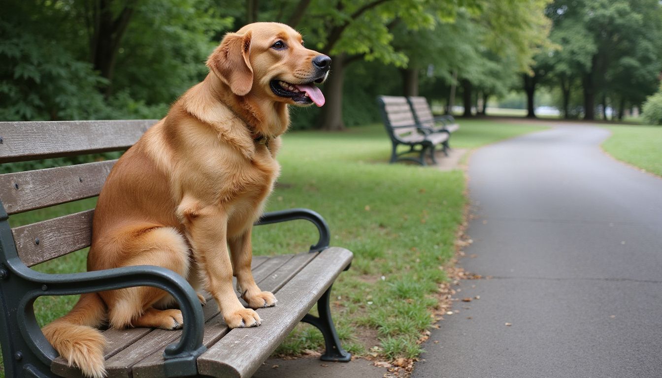 A relaxed golden retriever sits on a weathered park bench.