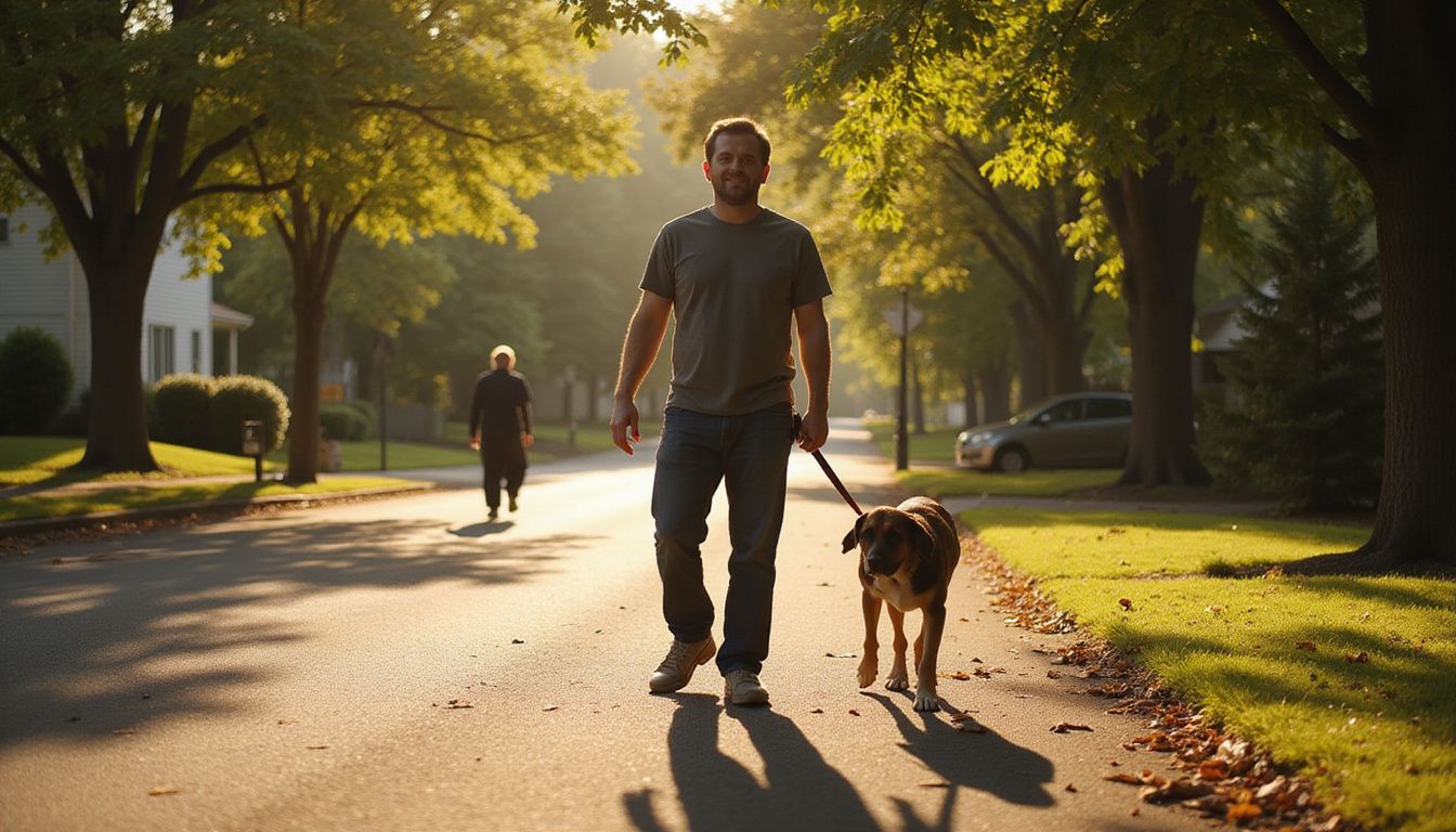 A man walks his relaxed dog on a quiet residential street.