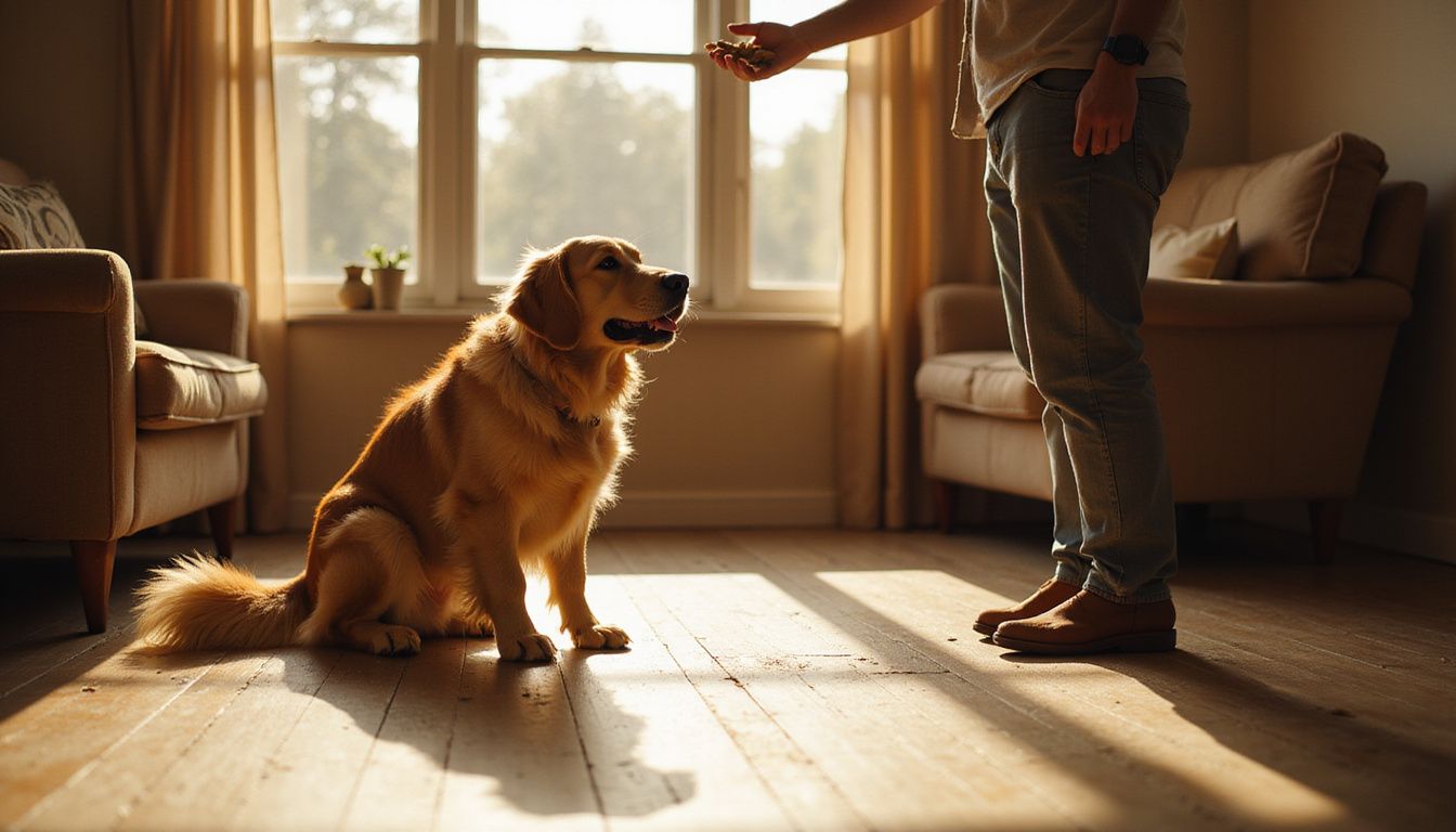A golden retriever sits attentively while a man offers treats.