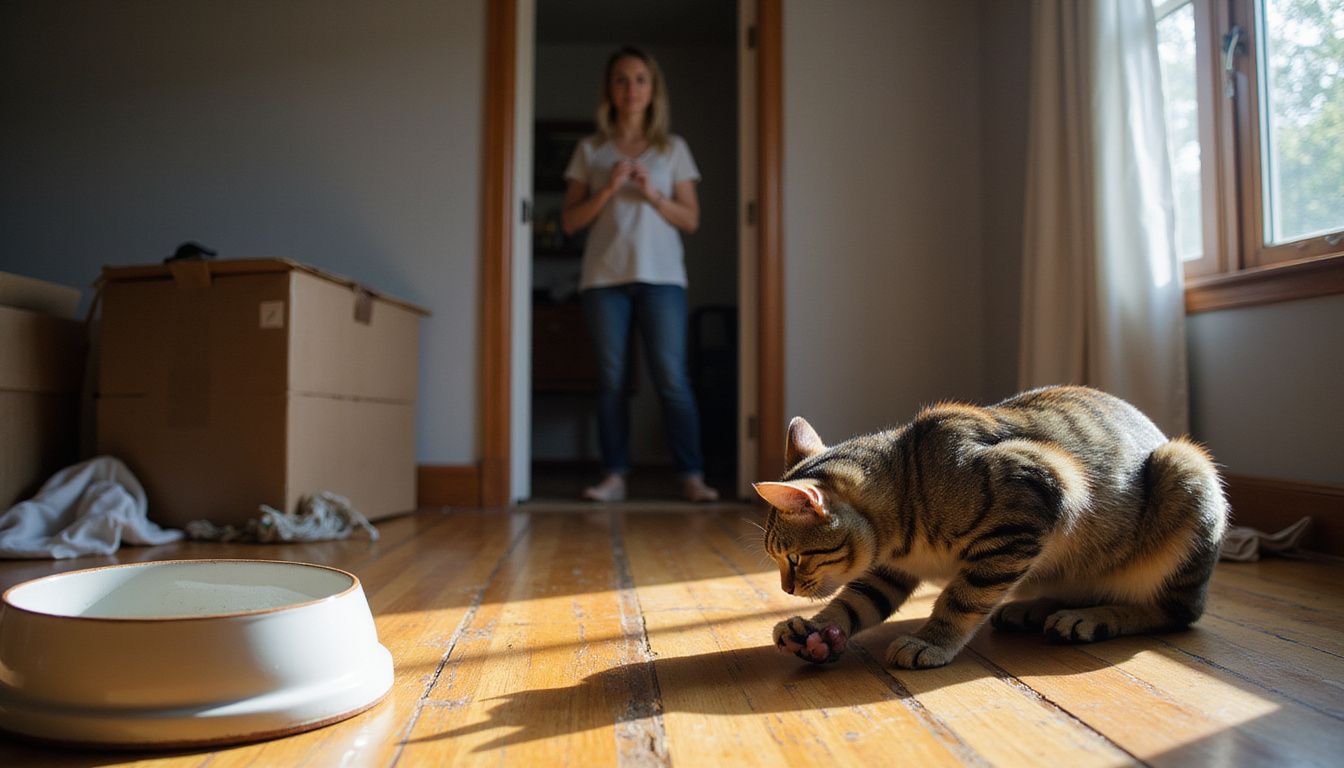 A distressed tabby cat excessively grooms itself while a concerned woman observes, surrounded by a disarrayed environment.