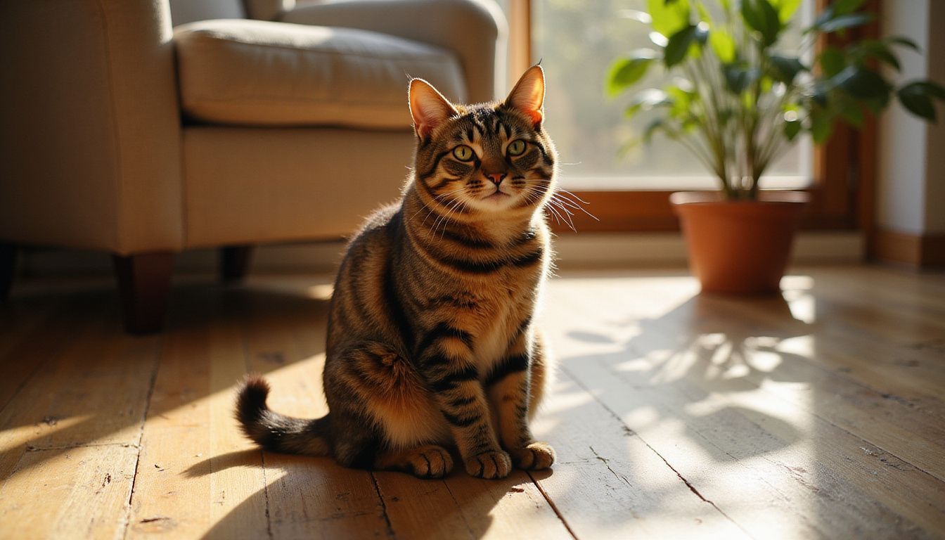 A relaxed tabby cat sits comfortably on weathered hardwood flooring, exuding contentment in a cozy domestic setting.