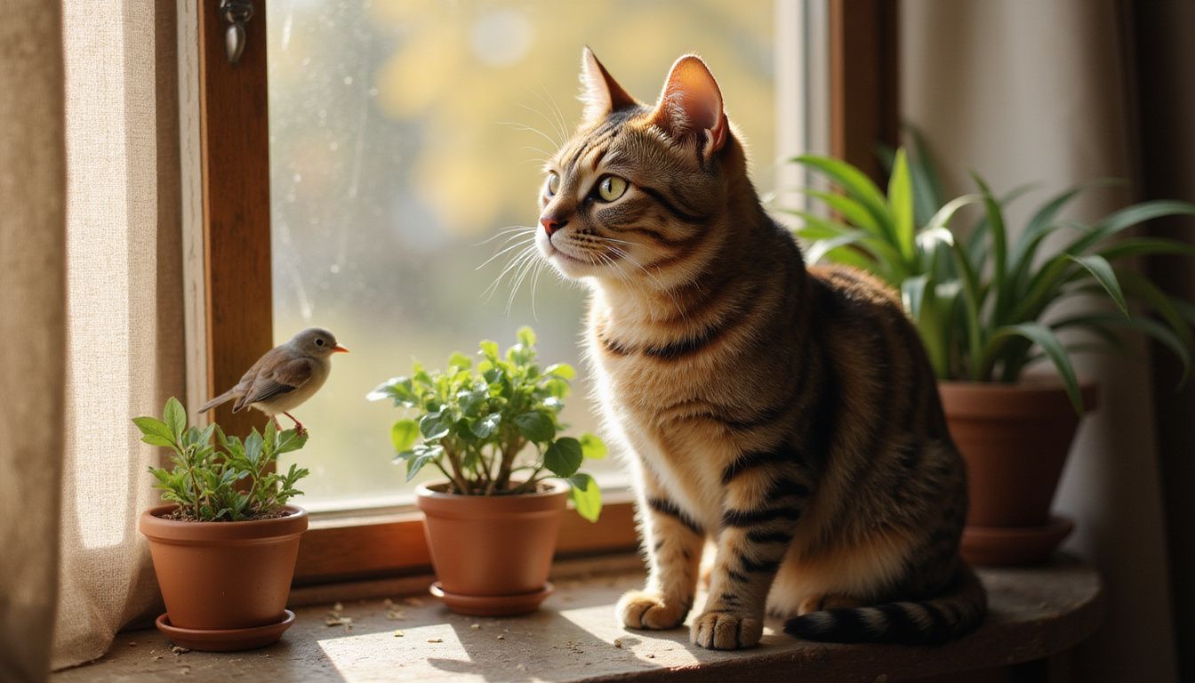 A focused tabby cat watches a sparrow from a sunlit windowsill.