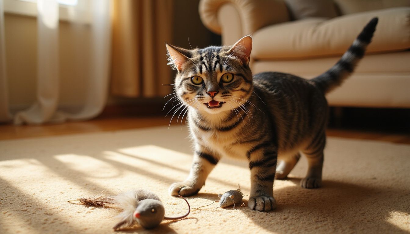 A relaxed gray tabby cat stands on a beige carpet surrounded by worn toys, displaying calm contentment.