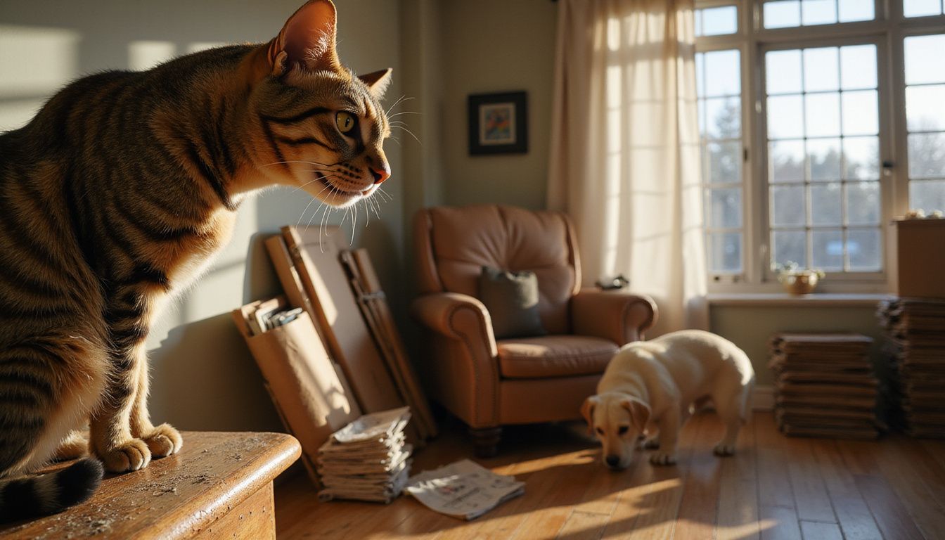A tense tabby cat watches intently from a shelf while a cream-colored dog sniffs around a cluttered living room.