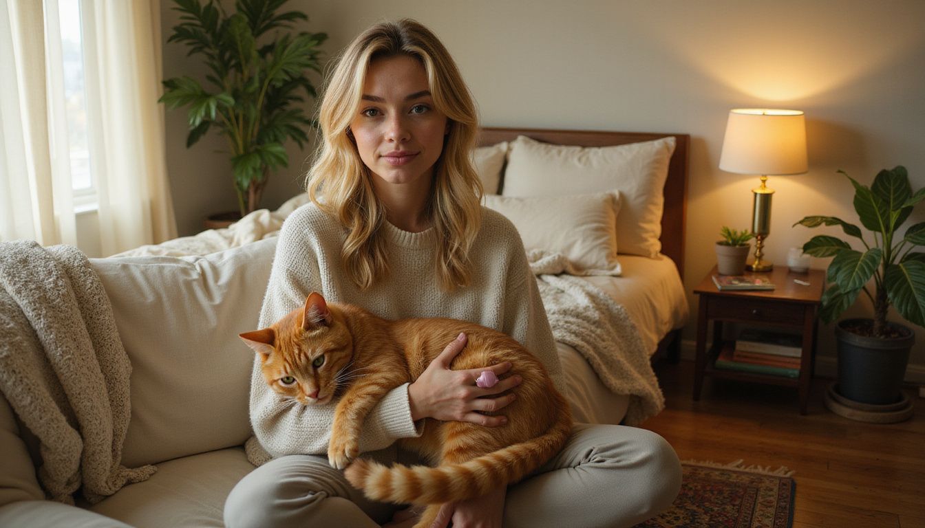 A young woman peacefully relaxes on a couch with an orange tabby cat grooming her arm, surrounded by a cozy living space.