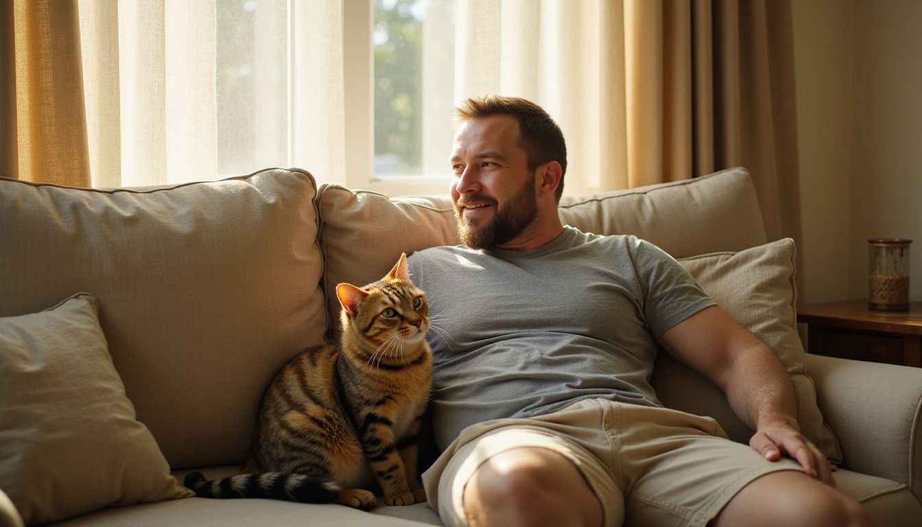 A relaxed man cuddles with a content tabby cat on a well-worn couch in a cozy living room.