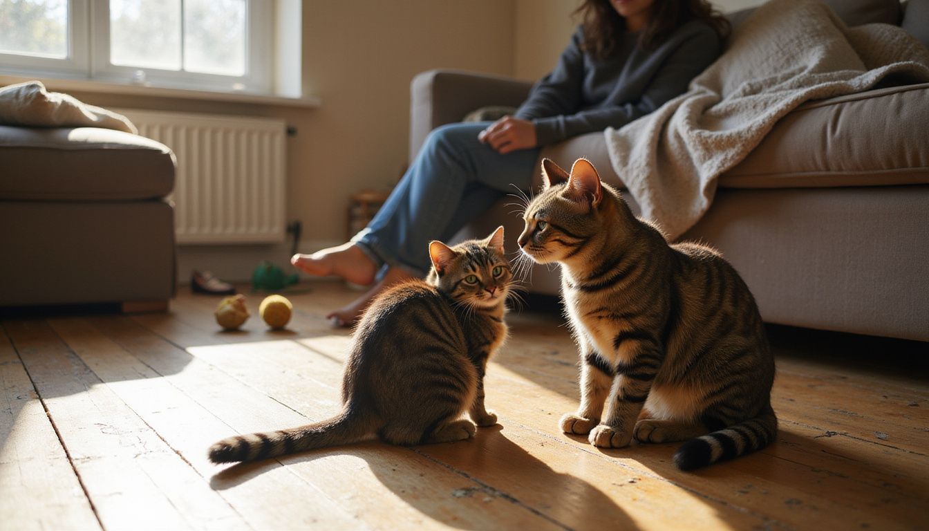 A relaxed tabby cat sits on hardwood flooring while a woman attentively observes it from a nearby couch.