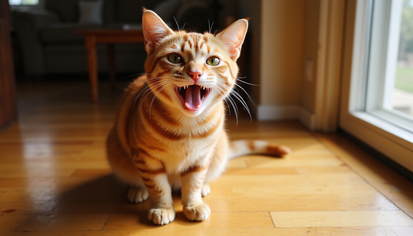 A ginger tabby cat sits upright on wooden flooring, vocalizing with its mouth open and eyes wide.