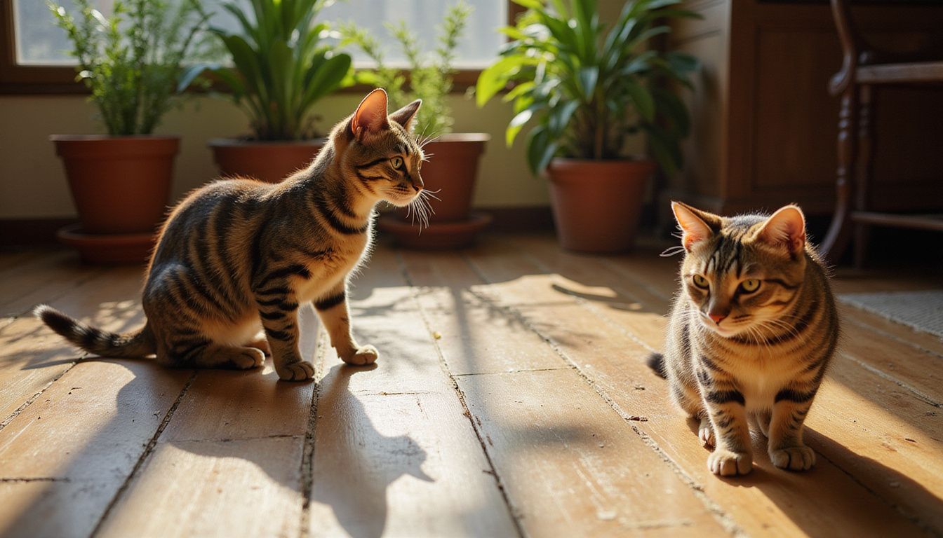 A tabby cat exhibits relaxed and tense postures on a worn hardwood floor amidst a cozy living room setting.