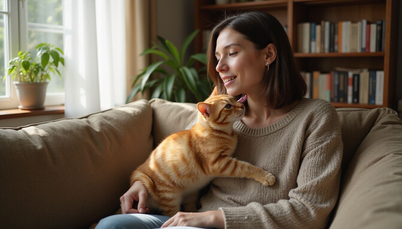 A young woman relaxes on a sofa while a tabby cat affectionately licks her cheek.