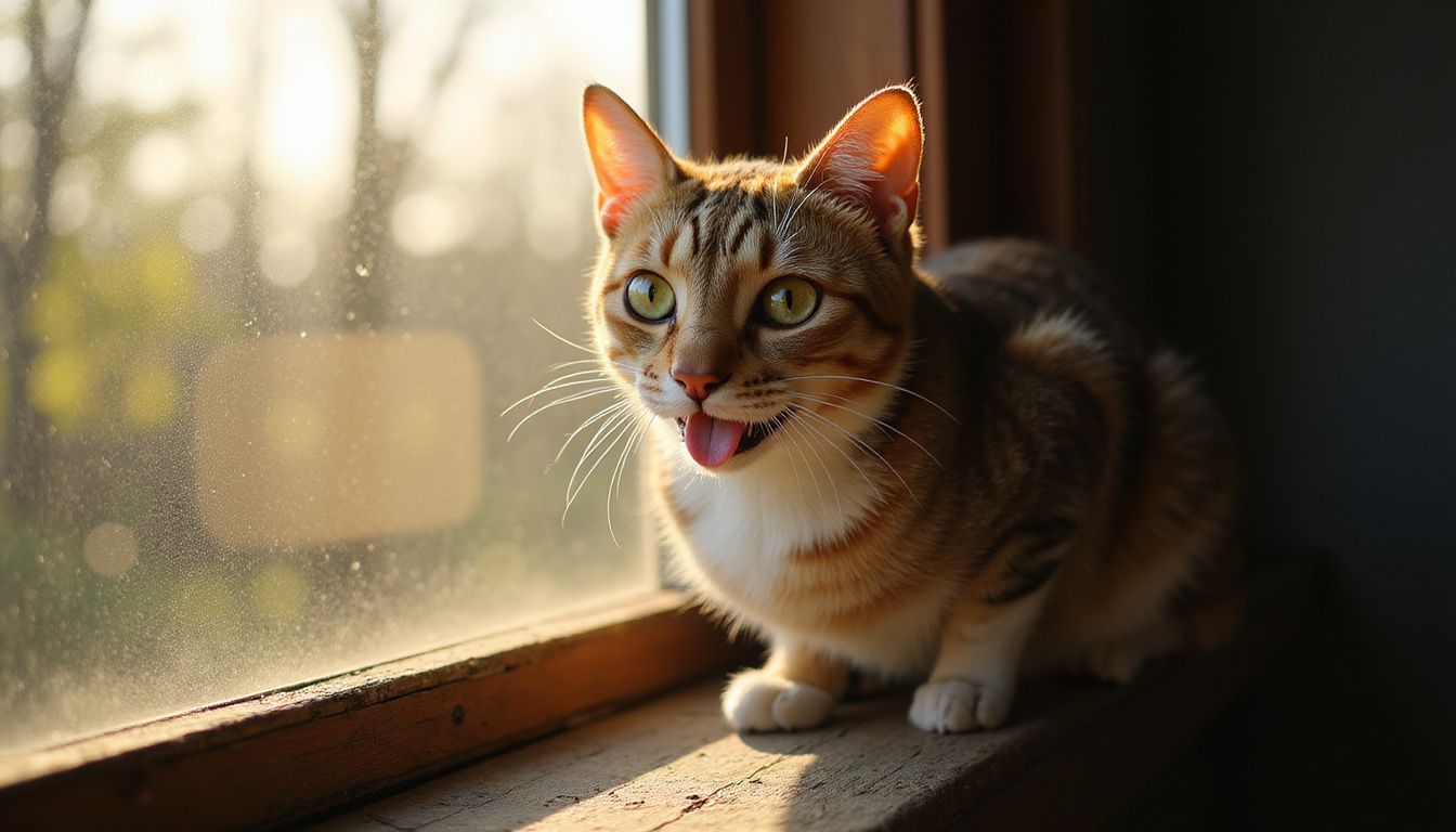 A focused tabby cat sits on a worn windowsill, exhibiting intense predatory concentration.