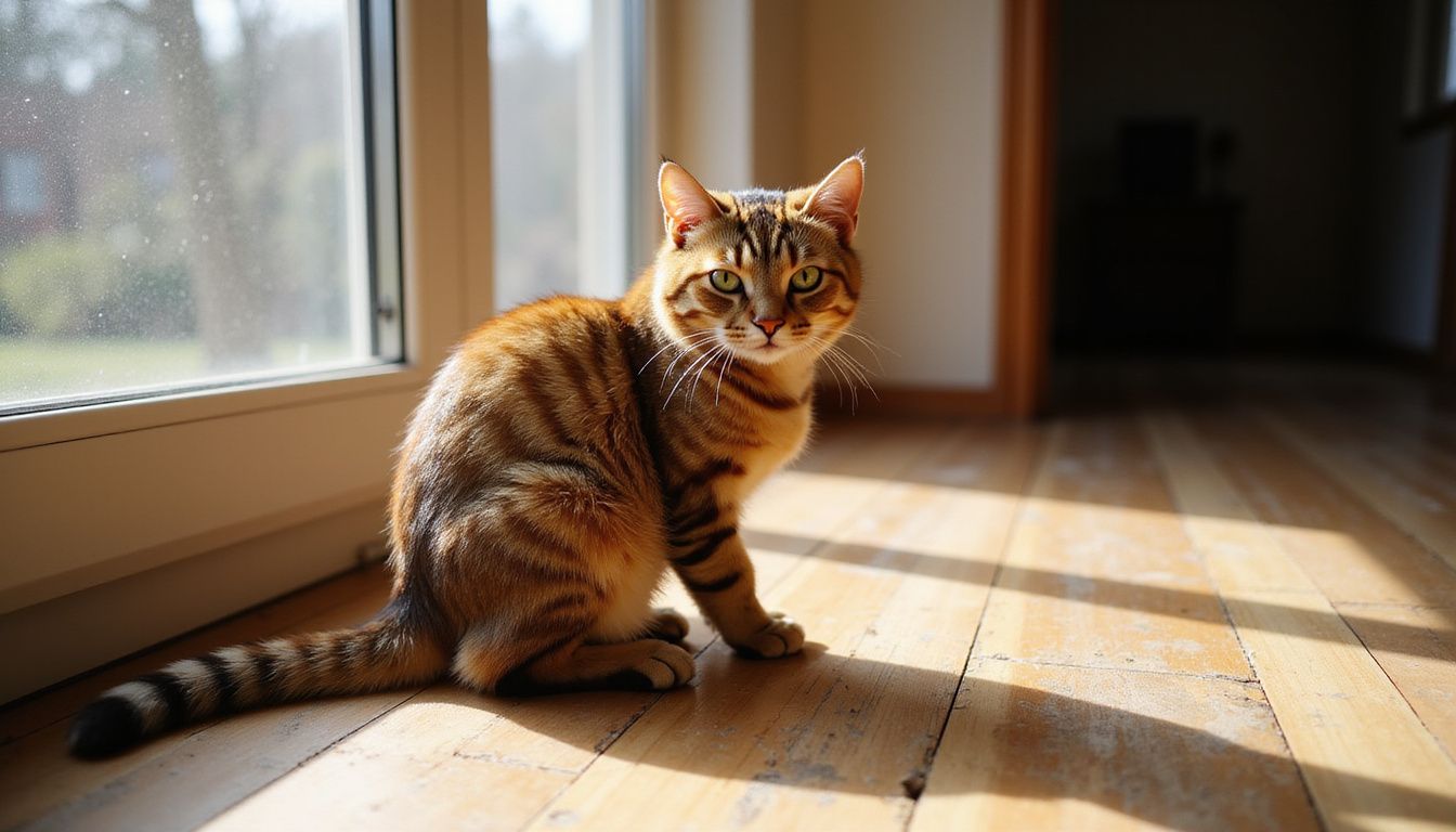 A tense tabby cat sits in profile on a hardwood floor, displaying alert features and a muscular posture.