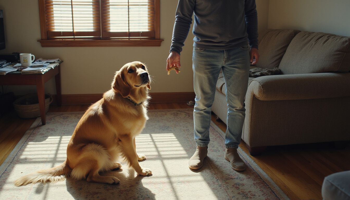 A golden retriever eagerly awaits a training treat in a cozy living room.