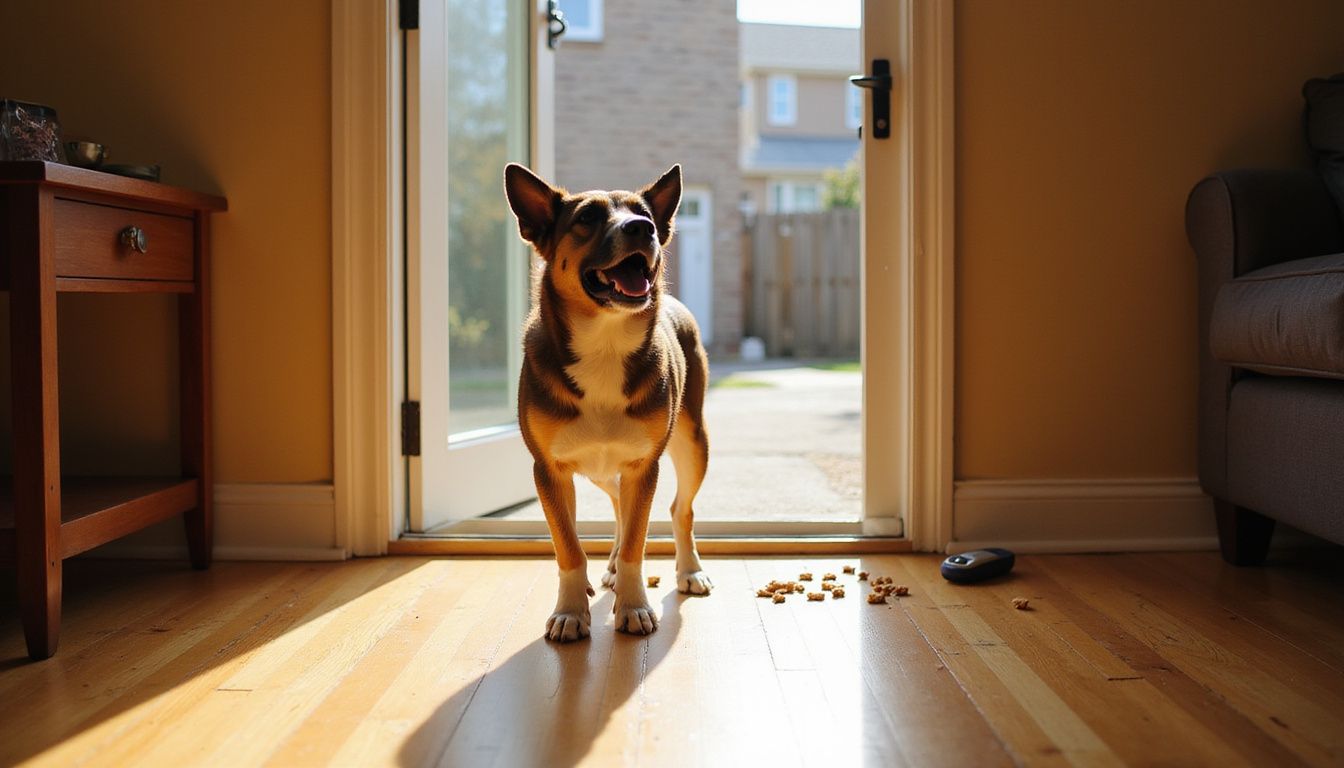 A mixed breed dog barks attentively by the front door.