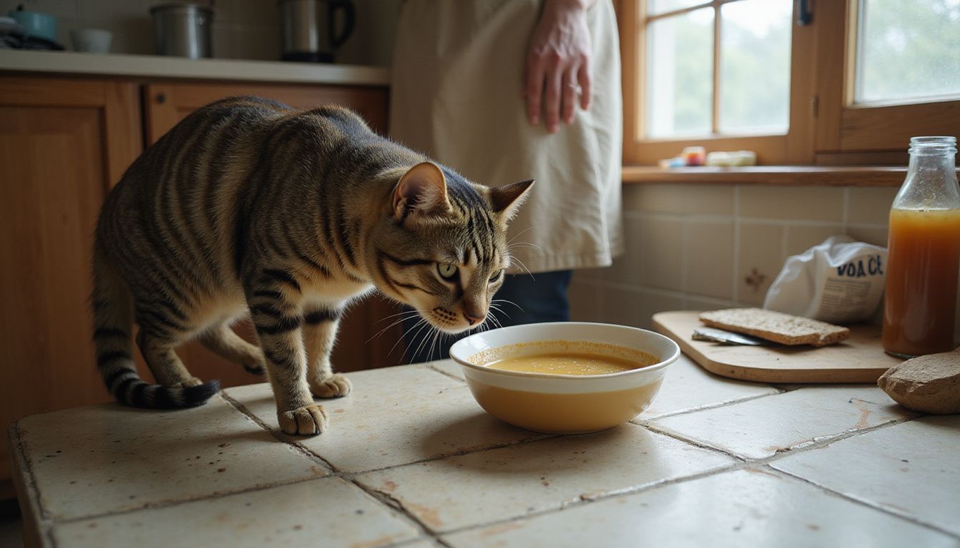 A tabby cat eagerly approaches a bowl of bone broth while a woman holds tuna juice nearby in a cozy kitchen.