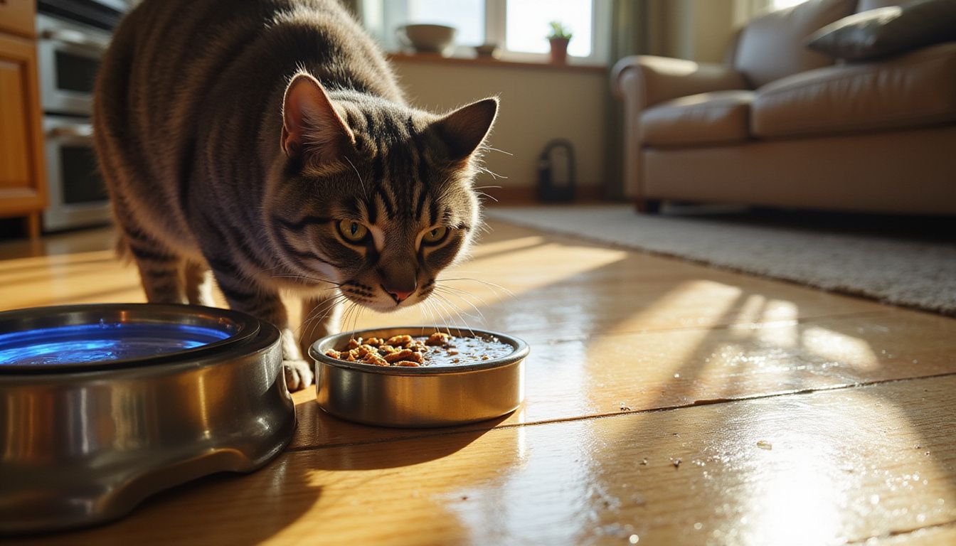 An elderly gray tabby cat curiously approaches a stainless steel water fountain beside its food bowl in a cozy kitchen.