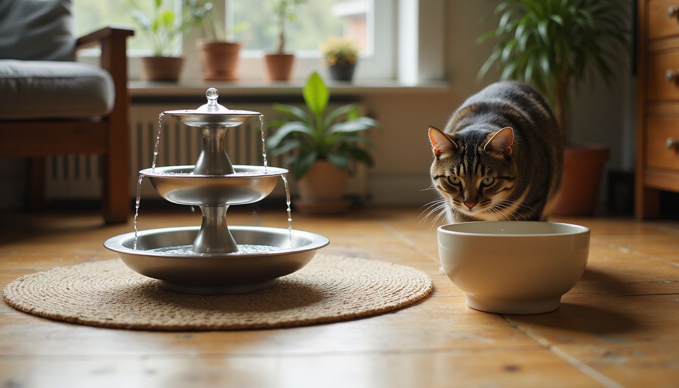 A curious tabby cat leans toward a multi-tiered water fountain in a cozy, lived-in living room.