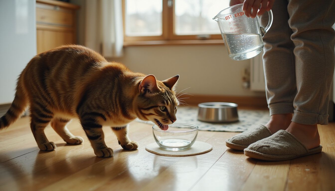 A tabby cat licks water from a glass bowl while a person observes nearby, highlighting a moment of pet care.