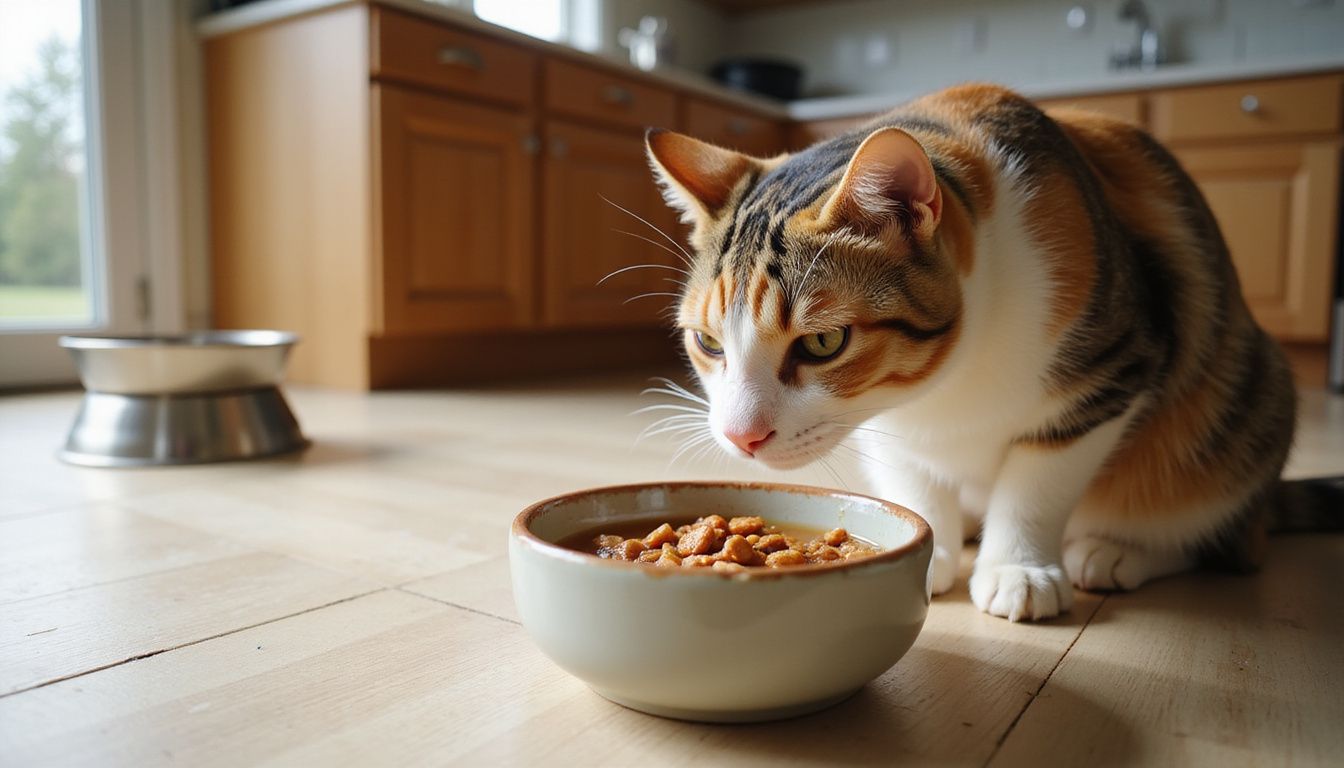 A tabby and white cat eagerly approaches a bowl of glossy wet cat food on hardwood flooring.