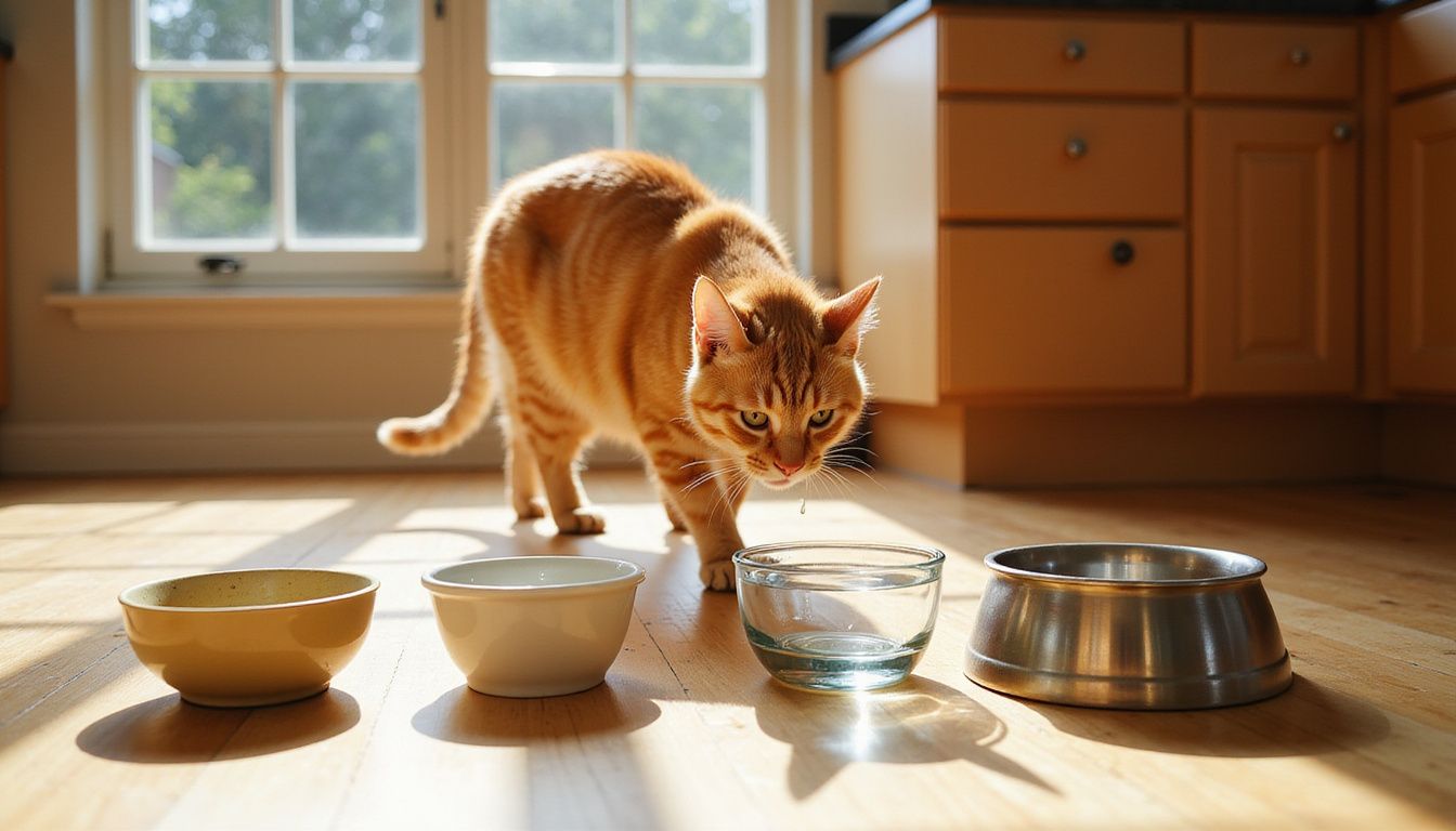 A curious ginger tabby cat inspects four distinct water bowls on a honey-toned wooden kitchen floor.