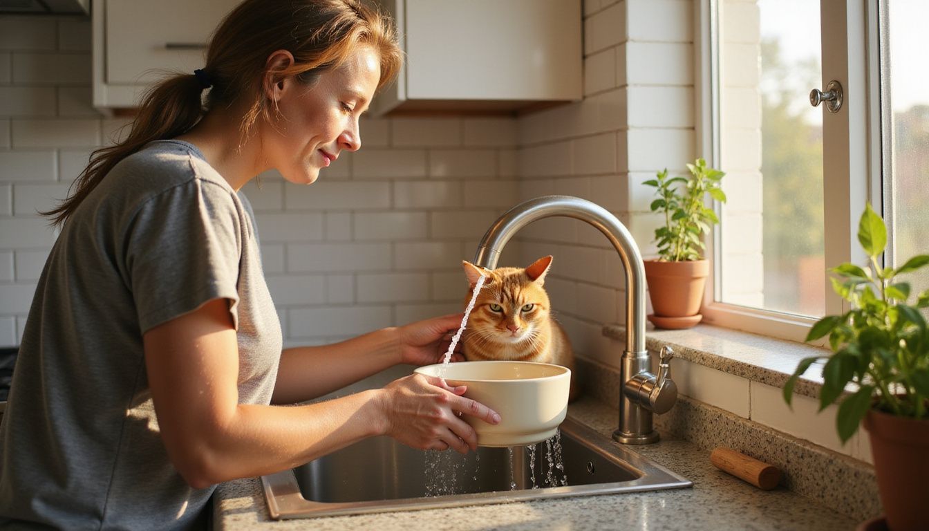 A focused woman cleans a cat bowl while a ginger tabby observes attentively nearby in a cozy kitchen setting.