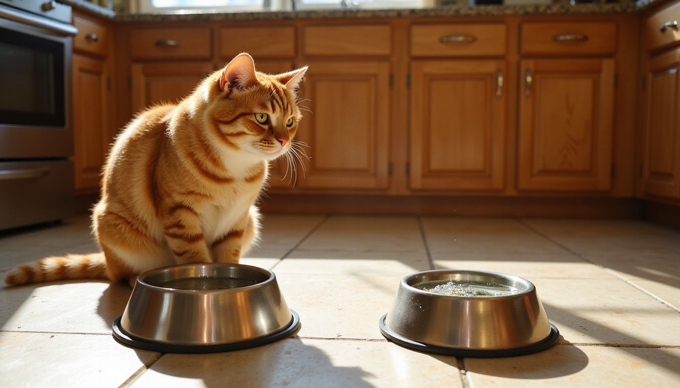 A plump orange tabby cat sits attentively next to two stainless steel bowls, one filled with clear water.