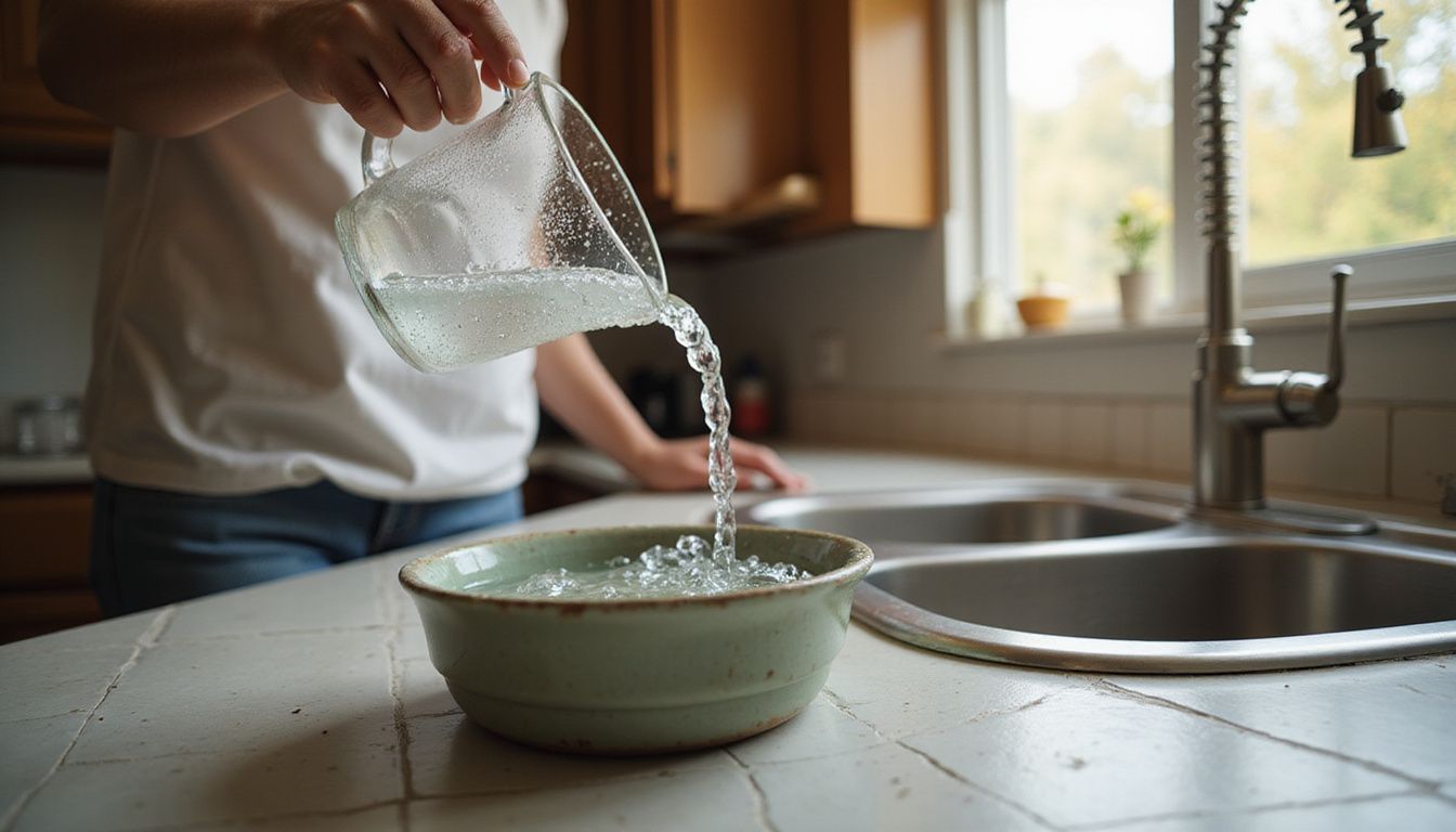 A woman fills a ceramic cat water bowl with water from a glass pitcher in a lived-in kitchen.