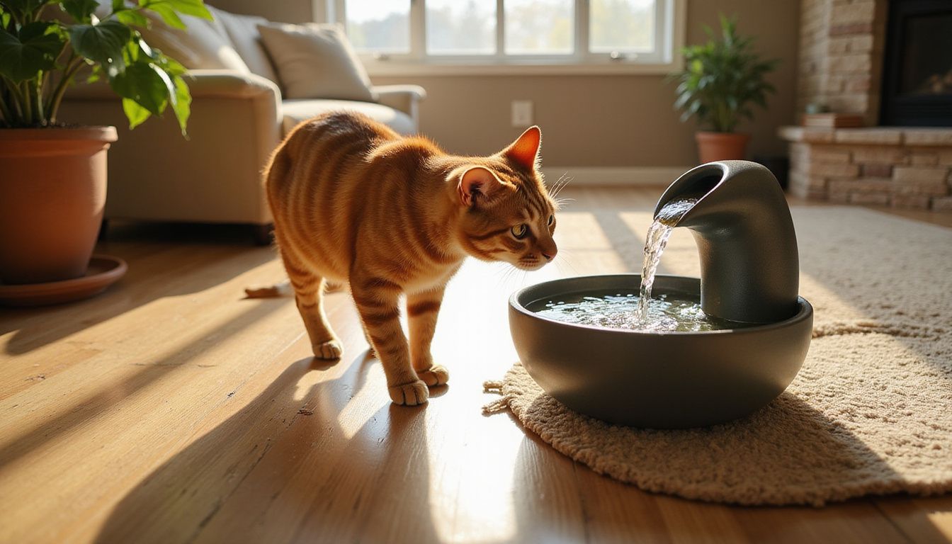 A tabby cat attentively watches a contemporary water fountain in a cozy living room setting.