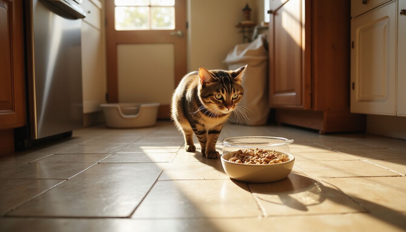 A tabby cat stands alert on tile flooring, eyeing a glass water bowl in a contemporary kitchen.