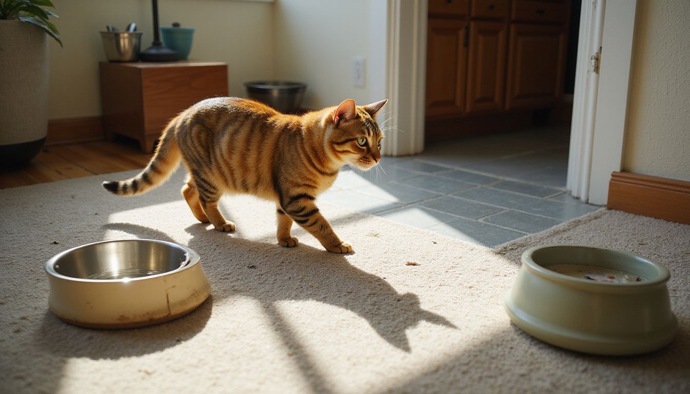 A tabby cat explores a sunlit home with various ceramic bowls and a cozy cat bed in different rooms.