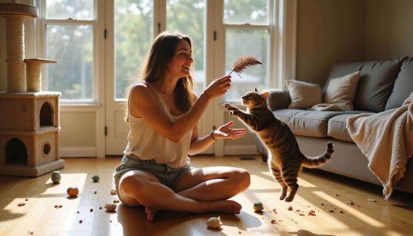 A woman playfully engages with her jumping tabby cat using a feather wand toy in a cozy living room.