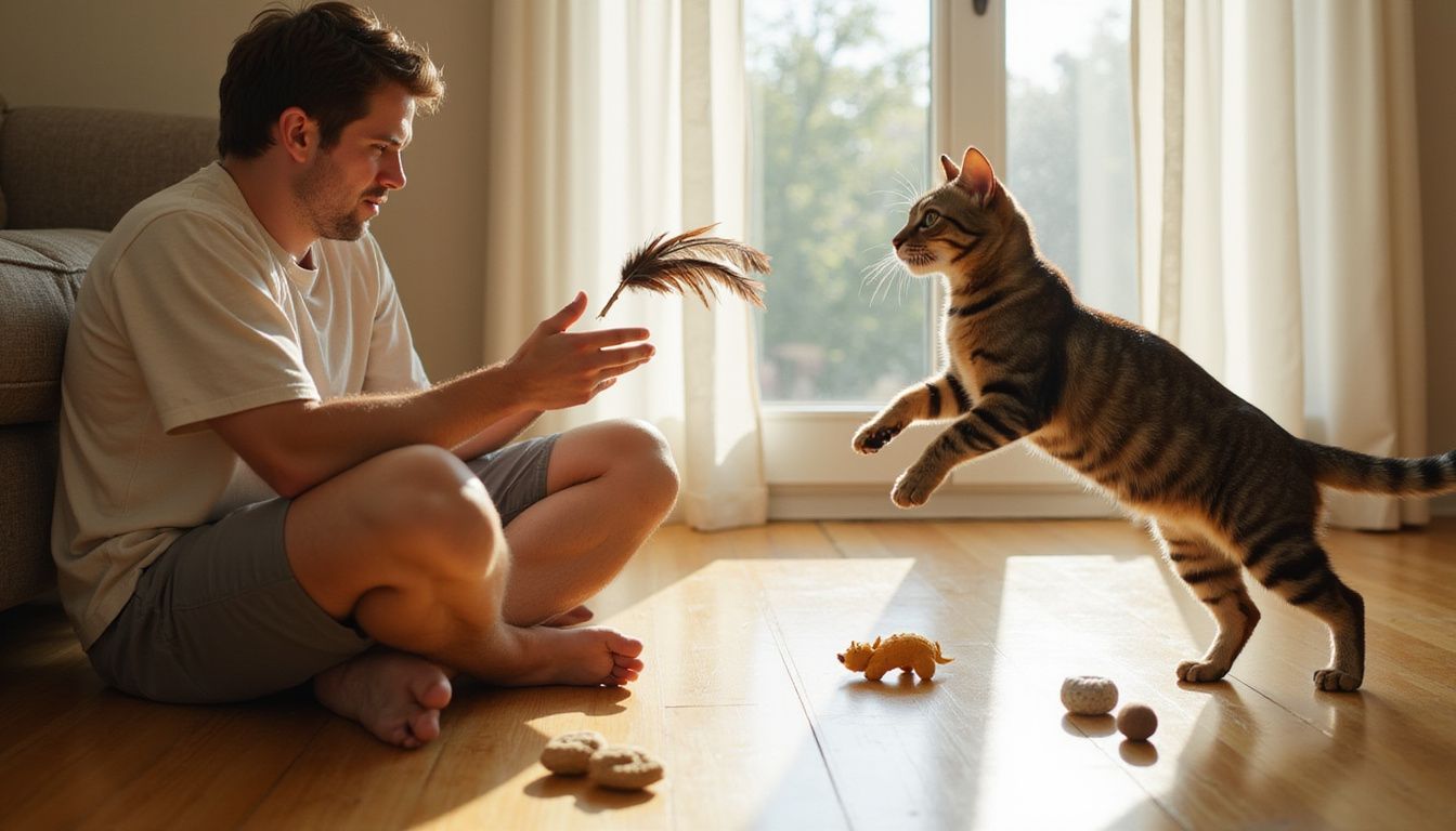 An adult playfully tosses a feathered toy to a leaping tabby cat in a cozy living room.