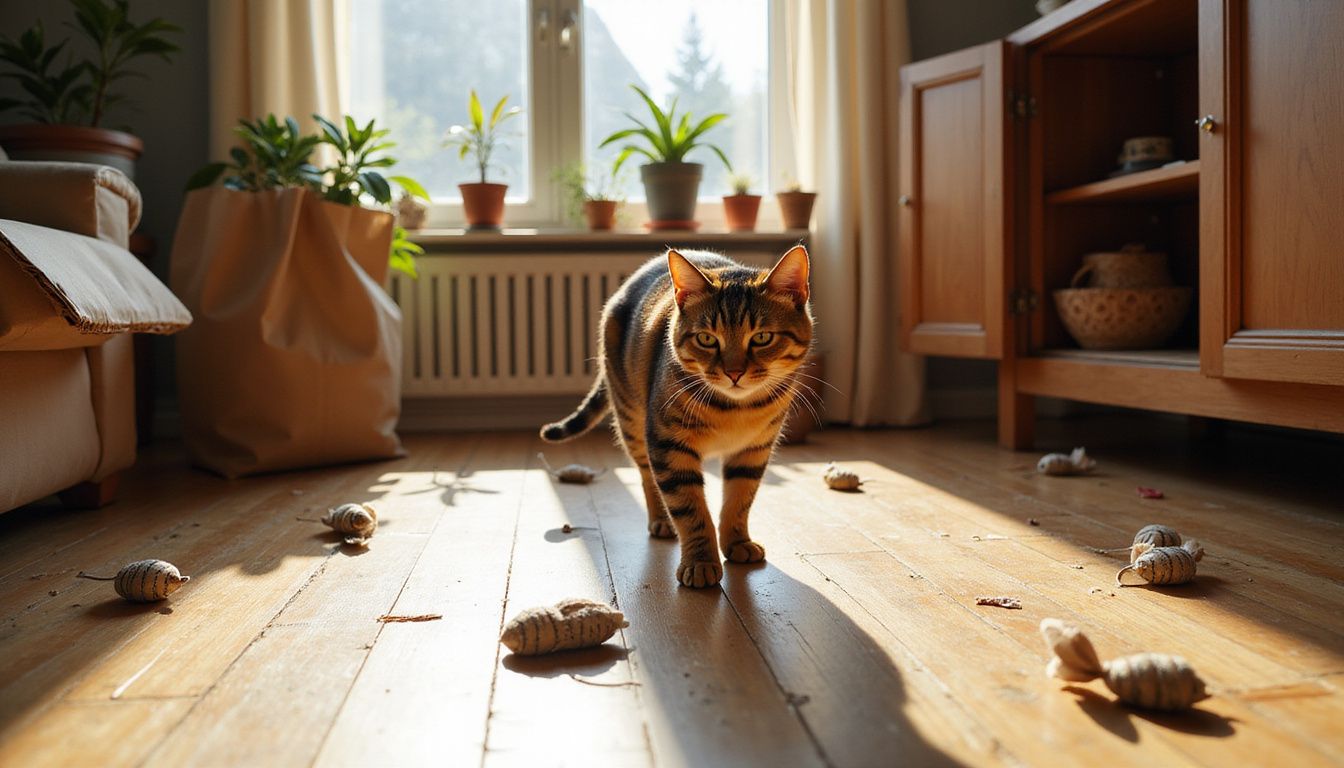 A tabby cat explores a cluttered living room filled with moving boxes and various pet toys.