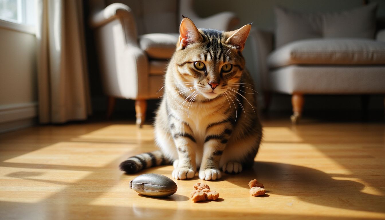 A focused tabby cat sits alert on hardwood flooring, eyeing small training treats scattered in front of it.