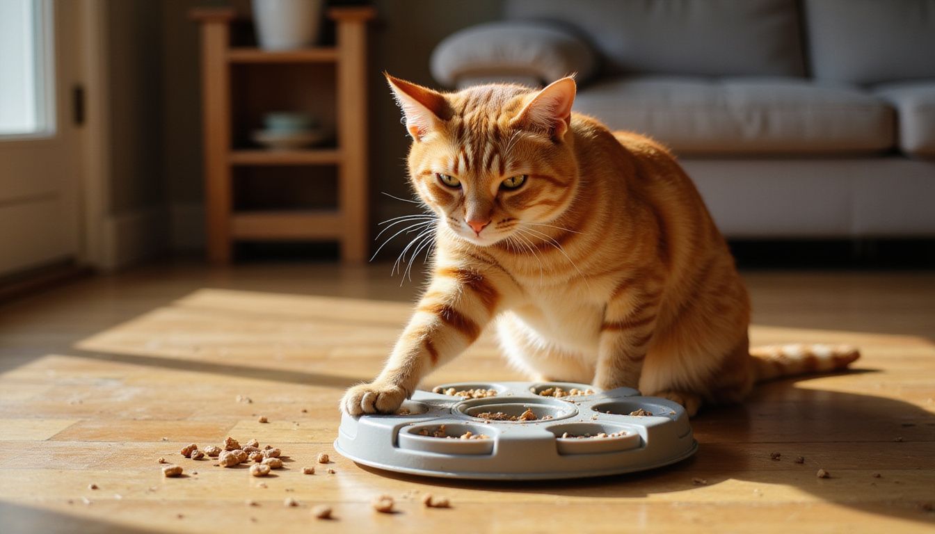 A focused ginger tabby cat hovers over a worn puzzle feeder toy amid scattered kibble on hardwood flooring.