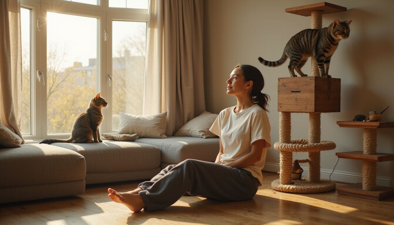 A warm, relaxed woman sits on a couch beside a cat tree, watching birds outside with a subtle smile.