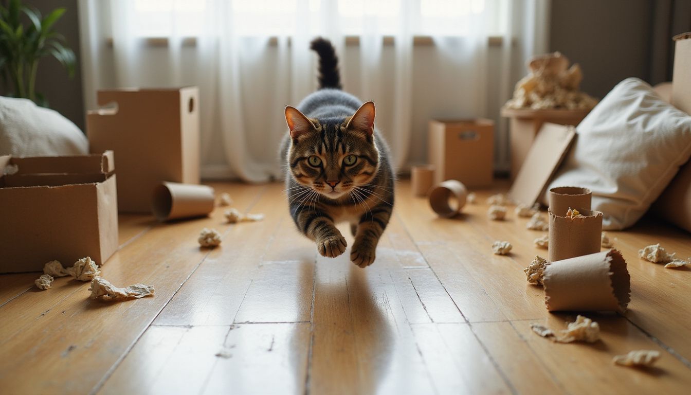 A tabby cat leaps playfully across a lived-in living room filled with boxes and crumpled paper toys.