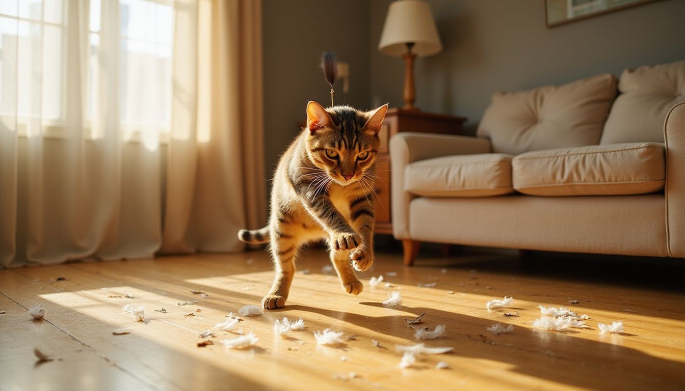 A muscular tabby cat leaps toward a feather toy, showcasing its athleticism amidst scattered down feathers in a cozy living room.