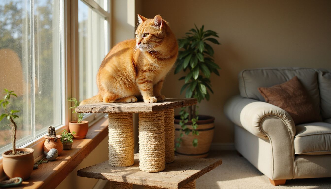 An orange tabby cat perches alertly on a multi-tiered cat tree beside a window, observing the outdoors.