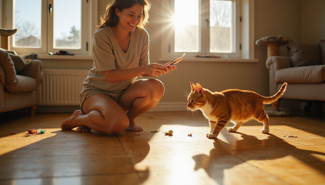 A woman joyfully plays with a focused orange tabby cat using a worn feather wand in a cozy living room.