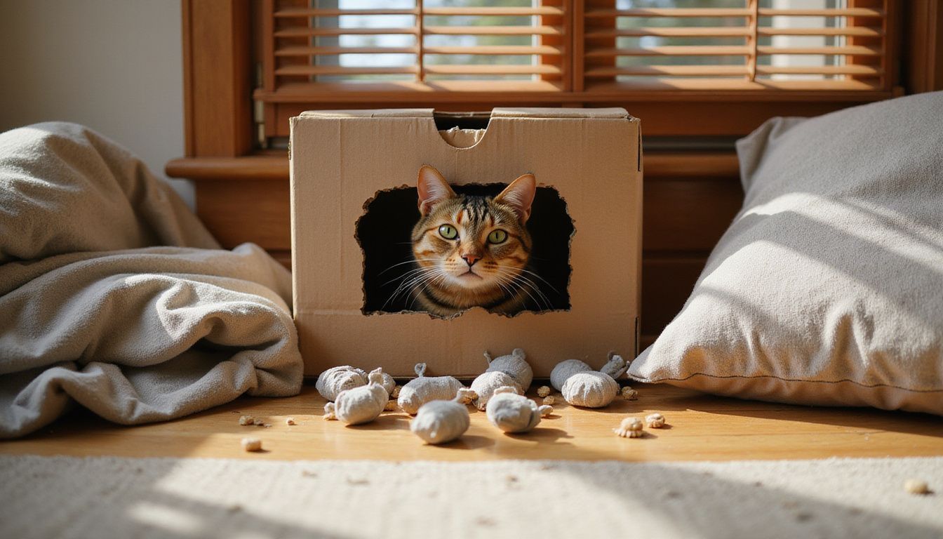 A tabby cat explores a worn cardboard box filled with treats, surrounded by crumpled paper and fabric toys.
