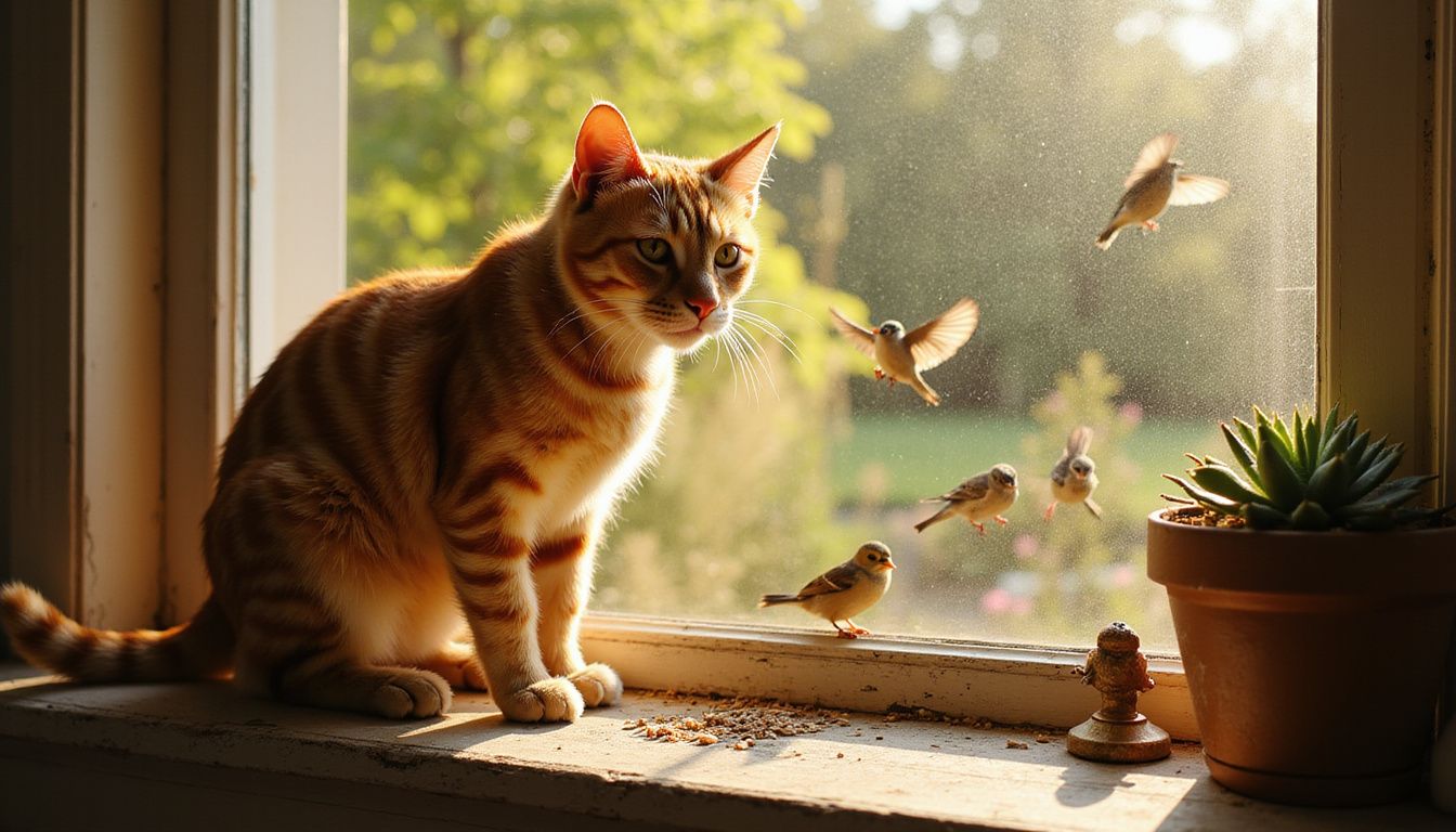 A focused ginger tabby cat watches birds from a weathered window perch, surrounded by indoor d&eacute;cor and outdoor foliage.