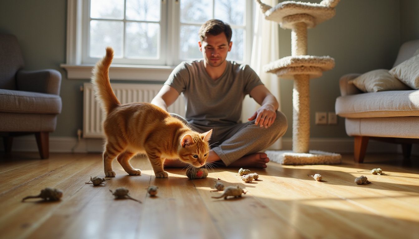 A person sits on the floor surrounded by cat toys while an orange tabby cat pounces playfully.