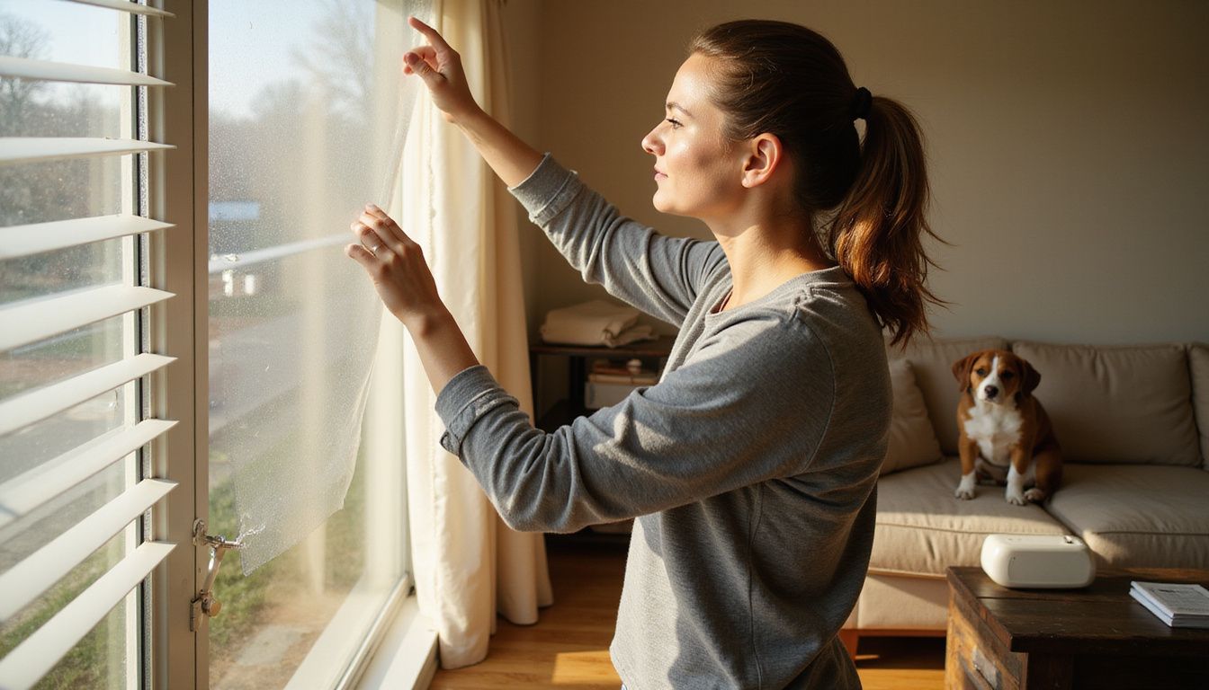 A focused woman applies window film in a cozy living room.