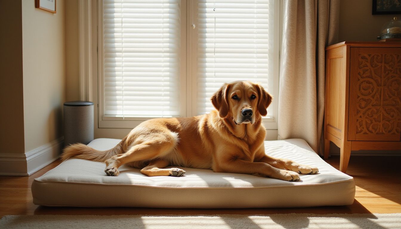 A relaxed golden retriever rests peacefully in an orthopedic dog bed.