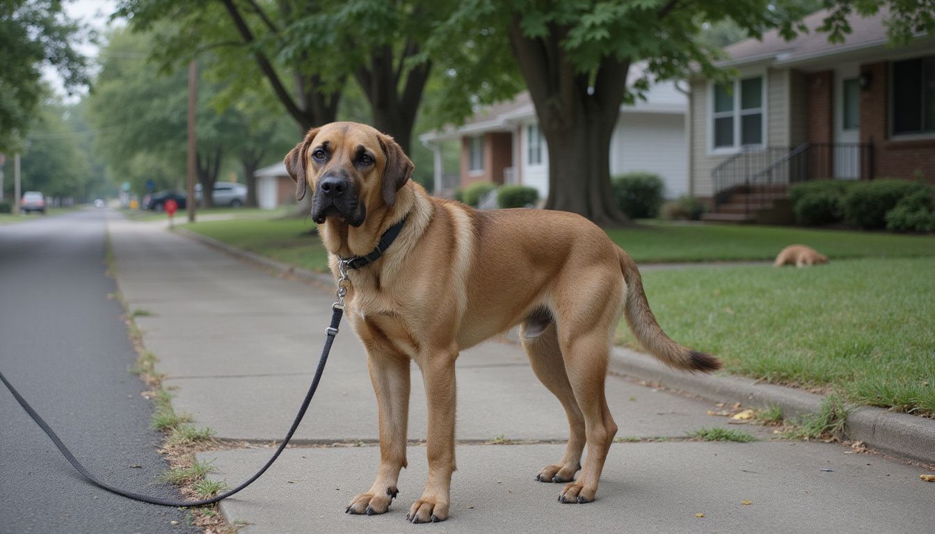 A medium-sized dog stands relaxed beside an adult on a suburban street.