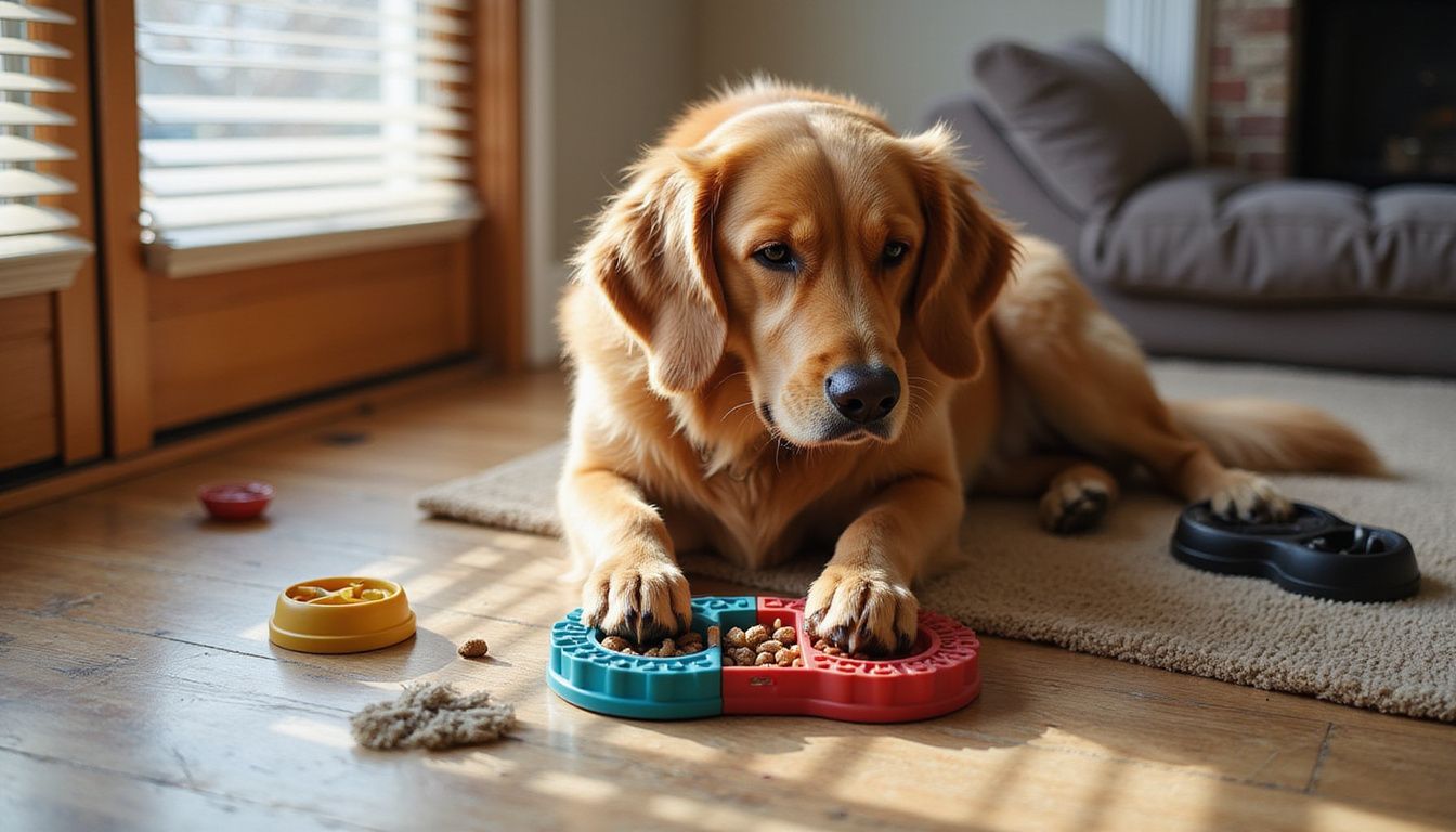 A golden retriever focuses intently on a colorful puzzle toy.