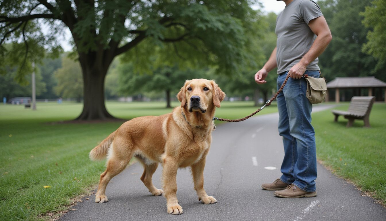 A focused golden retriever is calmly training with its handler.