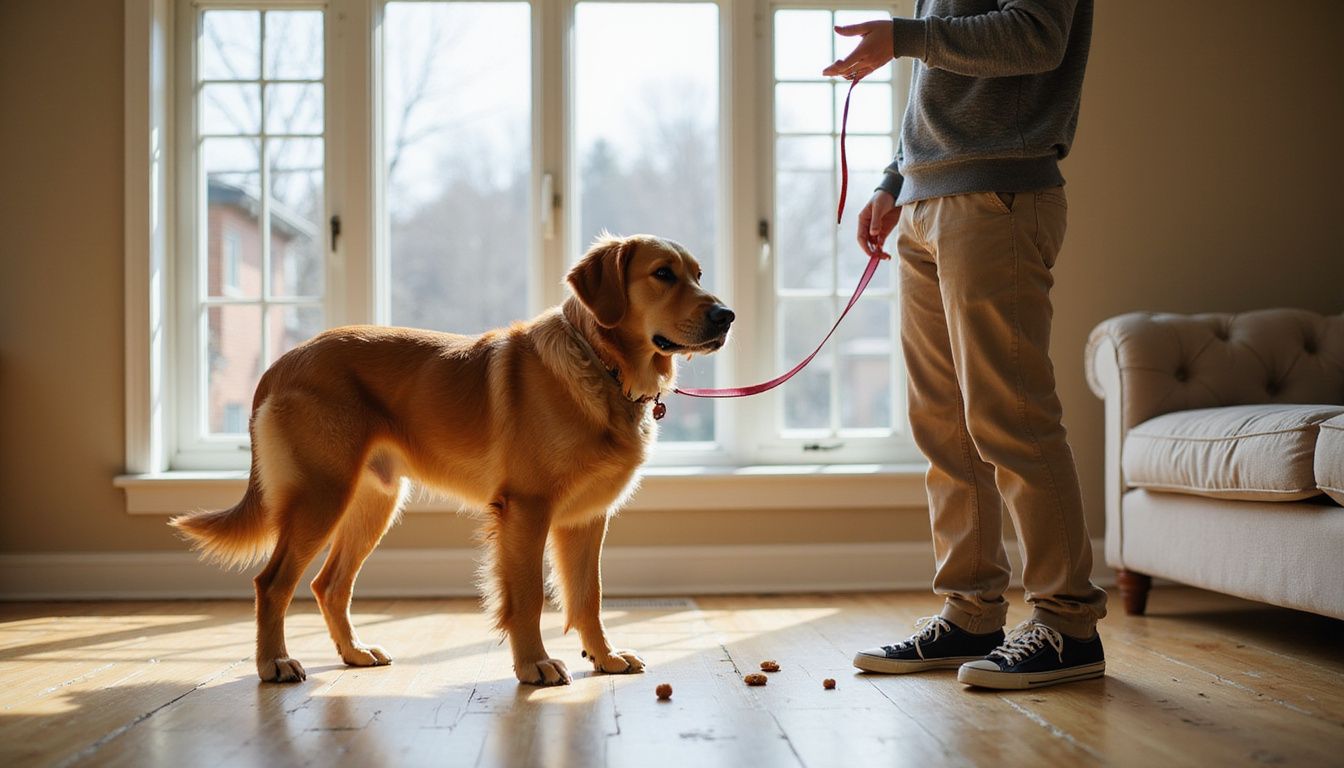 A golden retriever eagerly awaits treats in a cozy living room.